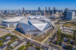 Drone Photograph of the Mercedes-Benz Stadium and Atlanta Skyline. Aerial photograph captured using a drone. Drone photography Atlanta.