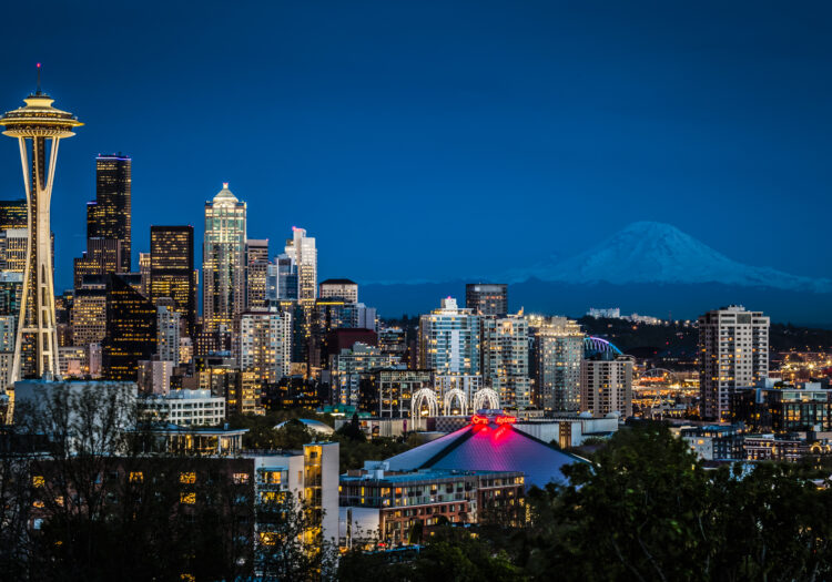 The Seattle, Washington Skyline at Dusk. Cityscape photography.